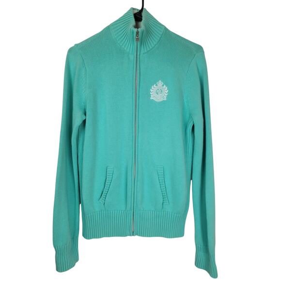 Lauren Ralph Lauren Active Mock Neck Knit Full Zip Teal Turquoise Sweater Size M - Picture 1 of 12